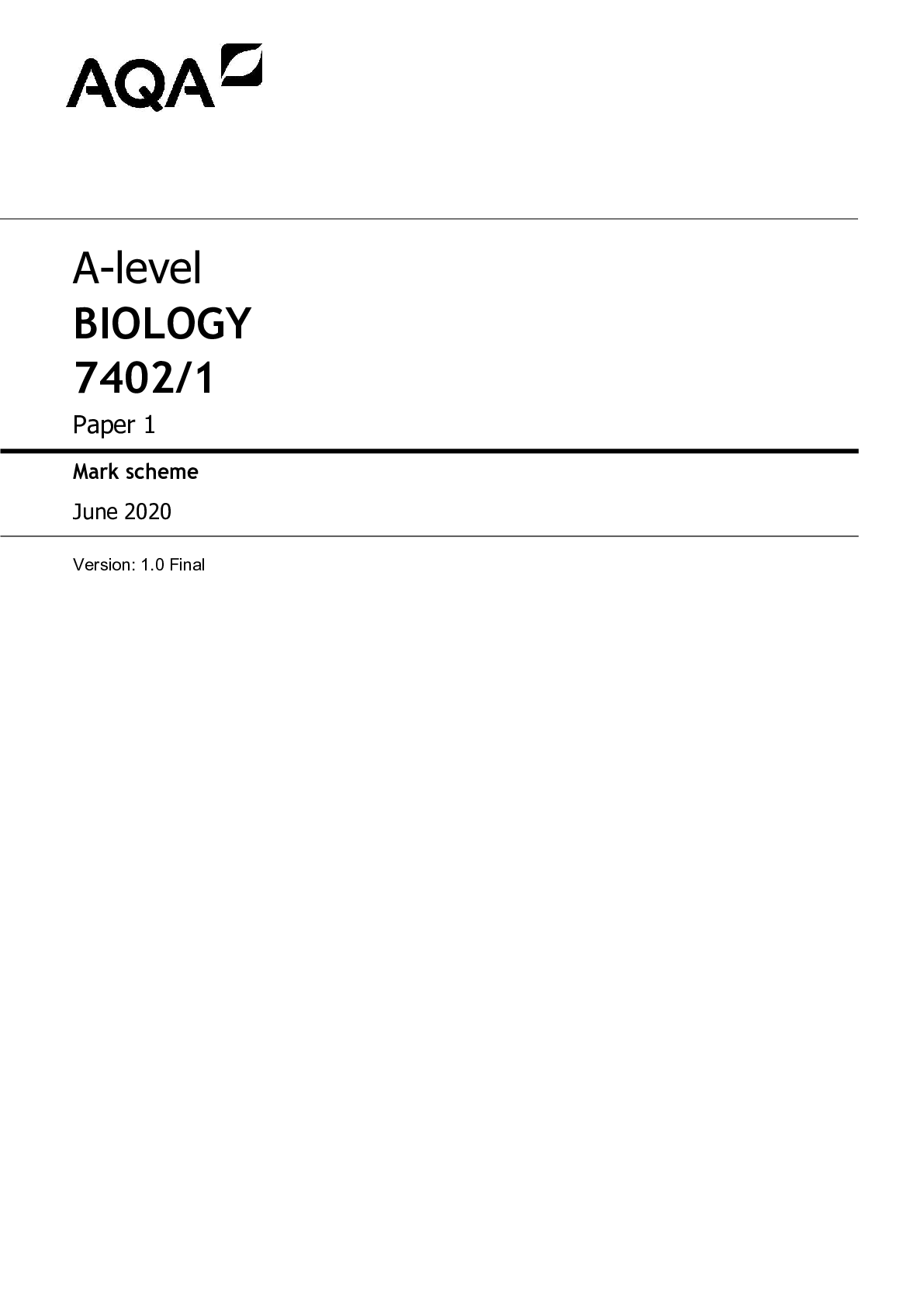 Preview image for AQA A LEVEL BIOLOGY PAPER 1 MARKING SCHEME